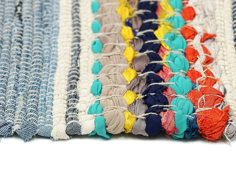 THE HOME TALK Cotton Chindi Rug | Denim Carpets for Living Room, Hallway, Bedroom, Dining Room | Recycled Thread Weave Rug | Multi-Purpose Carpets | Anti-Skid | 4 x 6 Feet | Denim Blue
